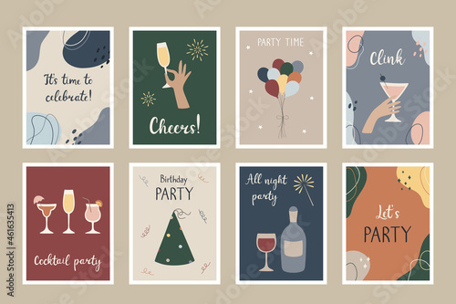 A set of party postcards.  Templates for party invitations, greeting cards, posters. Hand-drawn shapes and lines.  Vector illustration