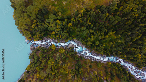 river in the mountains, top view of the mountain river, autumn landscape