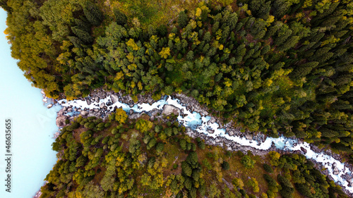 river in the mountains, top view of the mountain river, autumn landscape