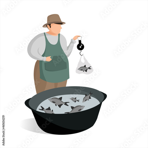Fish seller. A fisherman sells river fish.