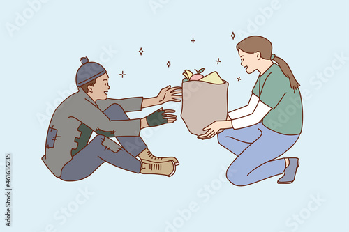 Volunteer woman give food donation to homeless person in street. Caring girl deliver donate charity nutrition eating package to people in need. Charitable activity, help. Flat vector illustration. 
