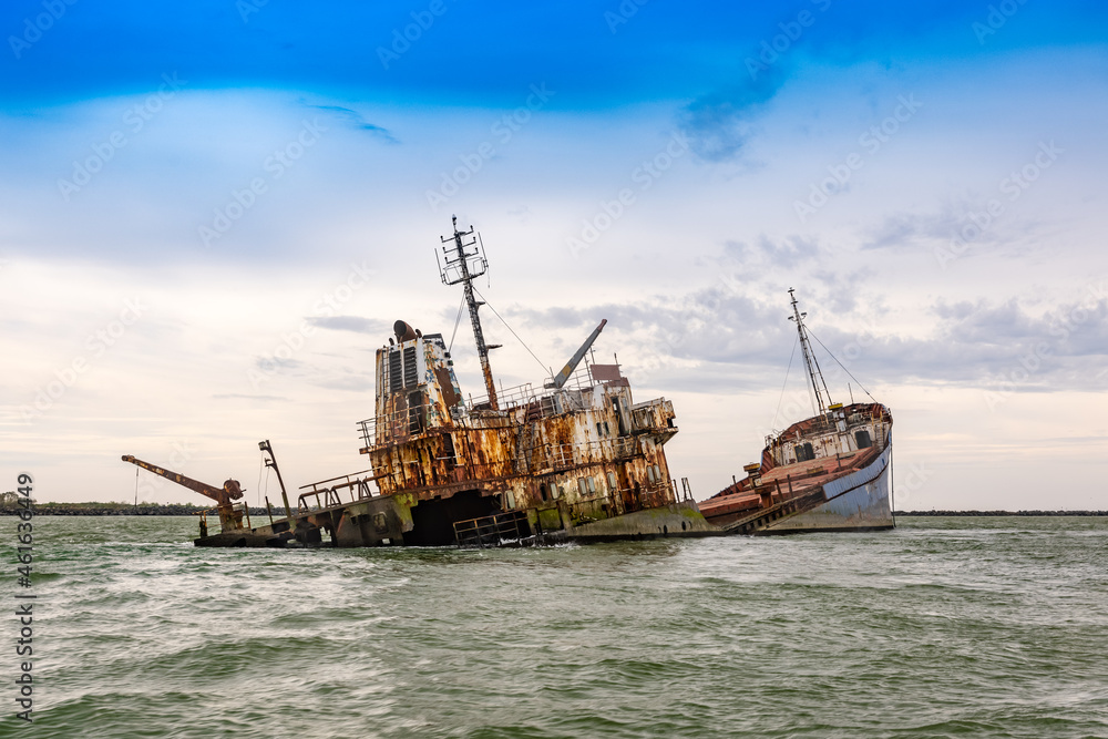 Wrecked ship in sea