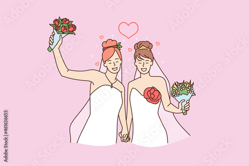 Smiling women gay couple in white wedding dresses celebrate same sex marriage. Happy lesbian spouses two brides get married. Celebration, LGBT, homosexual concept. Flat vector illustration. 