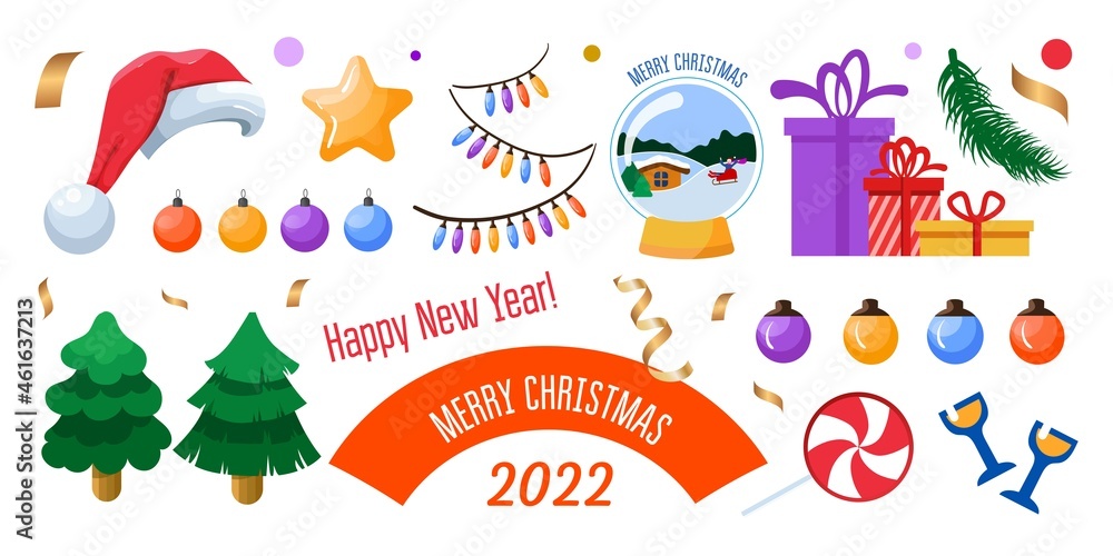 Happy new year 2022 icon collection. Set of 2022 happy new year symbols. Vector illustration on white background. Happy new year 2022 icon collection. Set of 2022 happy new year symbols. Vector illustration on white background.