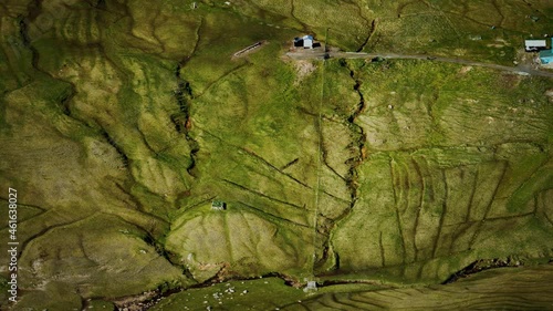 aerial view of green landscape in Faroe Islands