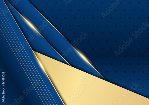 Dark navy blue and gold curve shapes on background with glowing golden striped lines and glitter. Luxury and elegant. Abstract template design. Design for presentation, banner, cover.