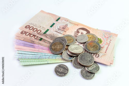 Valokuvatapetti money banknote thai baht on white background, savings money and financial busine