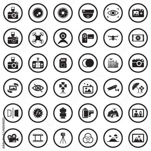 Camera Icons. Black Flat Design In Circle. Vector Illustration.