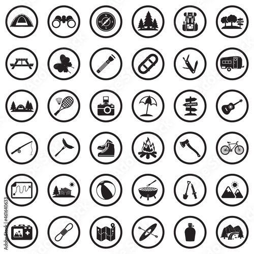 Camping Icons. Black Flat Design In Circle. Vector Illustration.