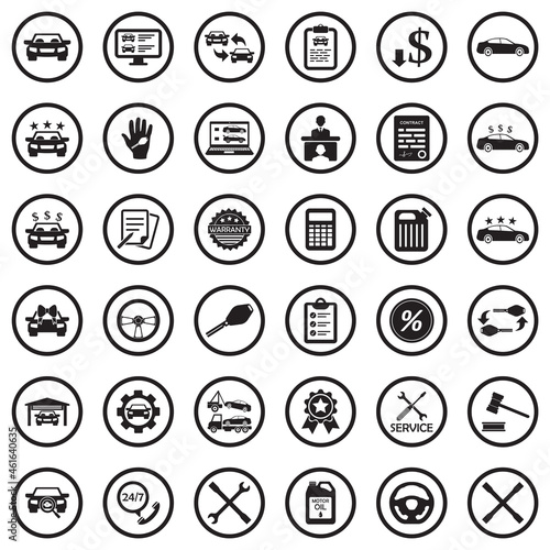 Car Dealer Icons. Black Flat Design In Circle. Vector Illustration.