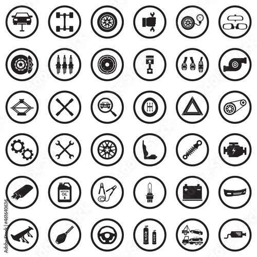 Car Parts Icons. Black Flat Design In Circle. Vector Illustration.