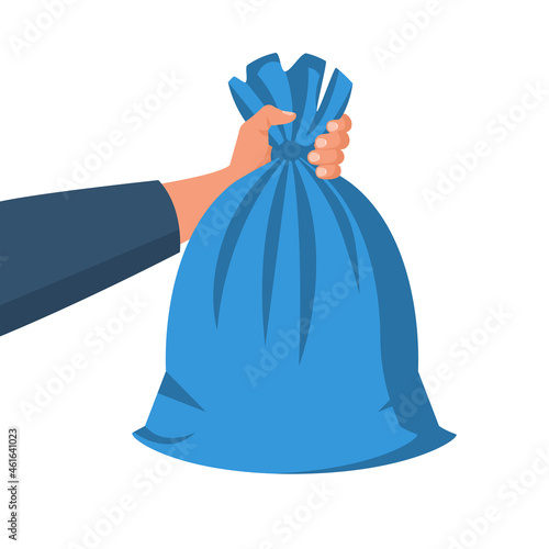 Garbage bag holding in hand. Man throwing trash bags. Vector illustration flat design. Isolated on white background. Trash can with recycle icon.