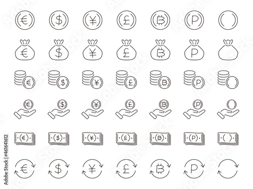 Money vector line icon set with a currency symbol. coin, bill, hand, pouch