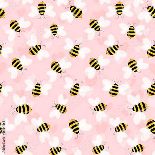 Seamless pattern with bees and hearts on color background. Small wasp. Vector illustration. Adorable cartoon character. Template design for invitation, cards, textile, fabric. Doodle style.