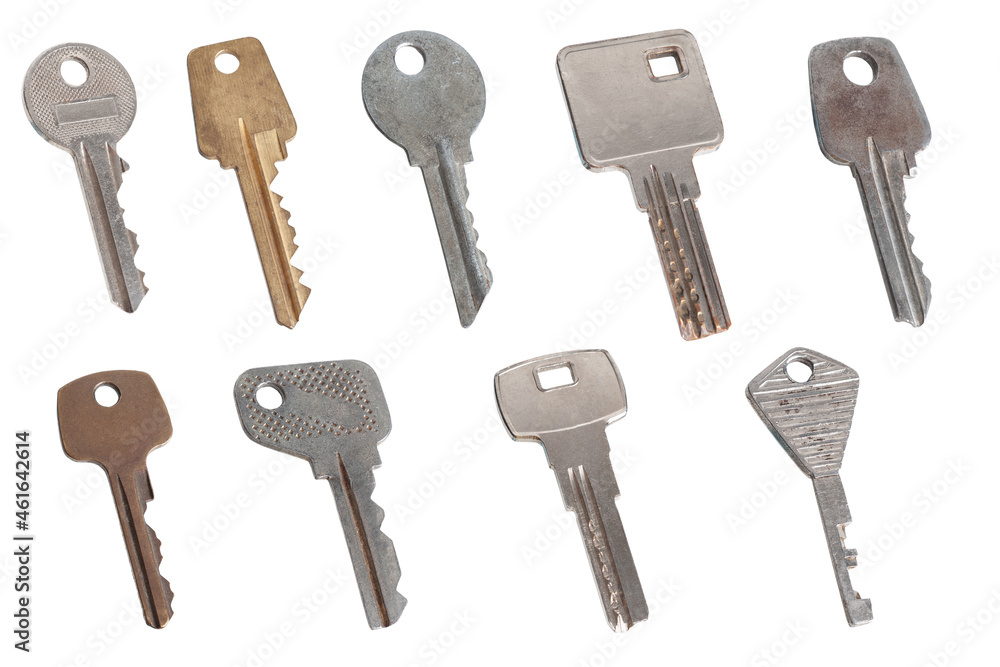 collection of different house keys isolated on white background collection of different house keys isolated on white background