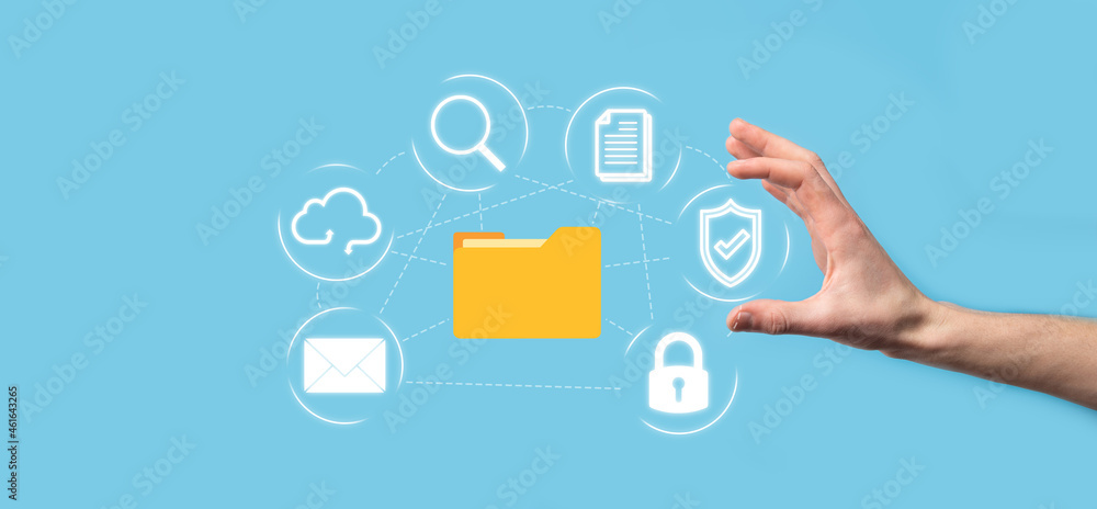 Document Management System DMS .Businessman hold folder and document icon.Software for archiving, searching and managing corporate files and information.Internet Technology Concept.Digital security Document Management System DMS .Businessman hold folder and document icon.Software for archiving, searching and managing corporate files and information.Internet Technology Concept.Digital security
