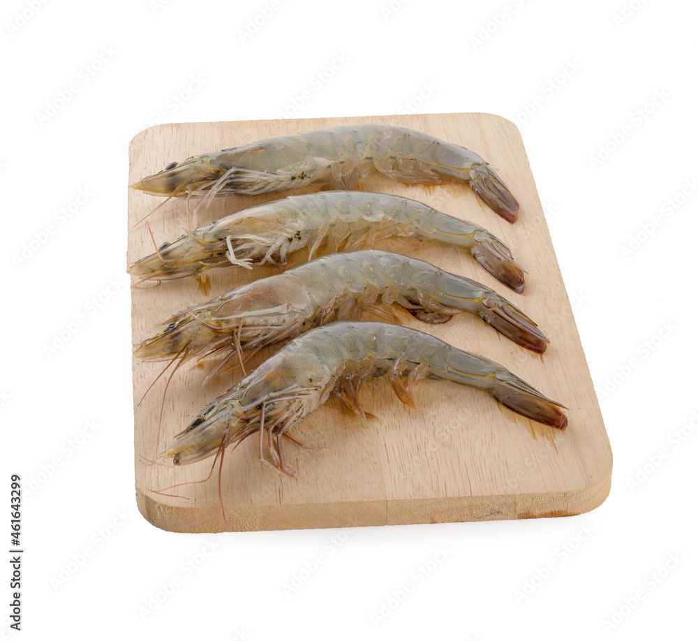fresh shrimps or prawns raw on wooden board fresh shrimps or prawns raw on wooden board