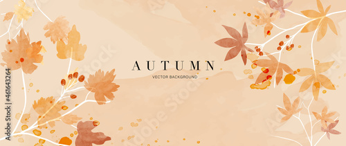 Autumn background vector. Hand painted watercolor and gold brush texture, Flower and botanical leaves hand drawing. Abstract art design for wallpaper, wall arts, cover, wedding and invite card. 