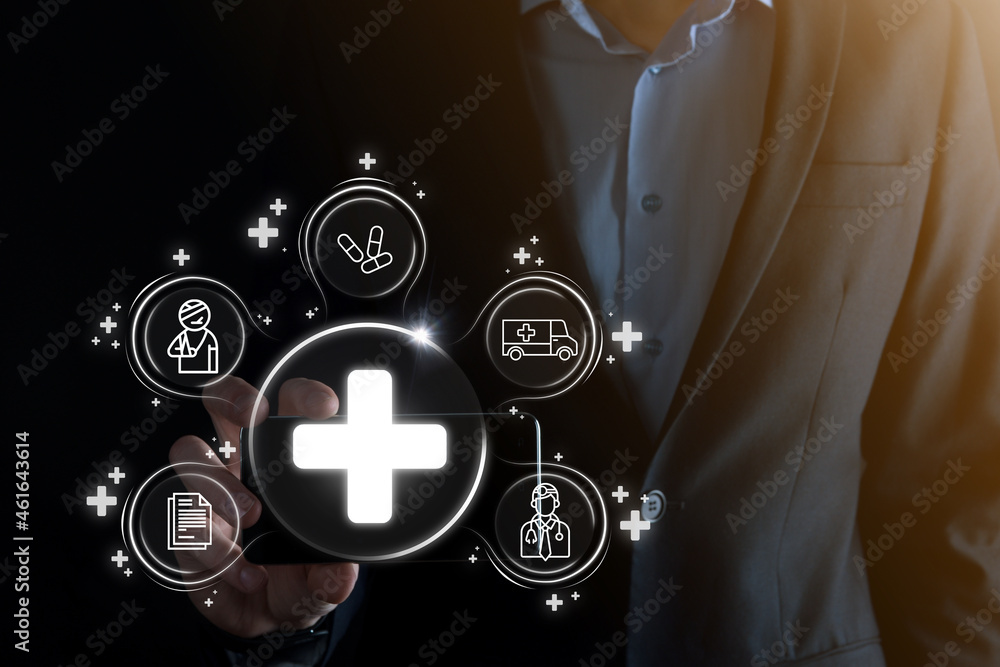 Businessman hold virtual plus medical network connection icons. Covid ...