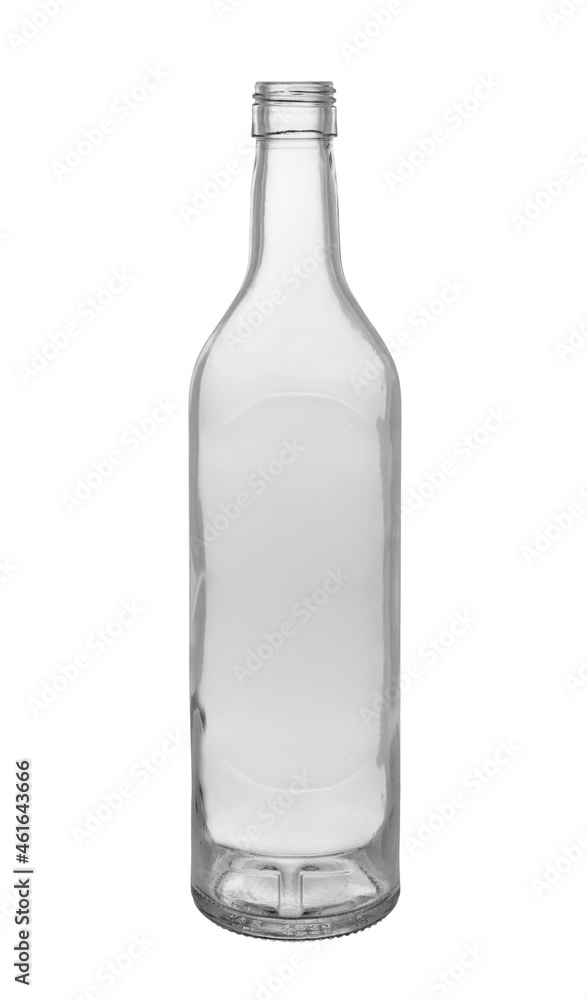 An empty open wine bottle made of transparent glass. On a white background, close-up An empty open wine bottle made of transparent glass. On a white background, close-up