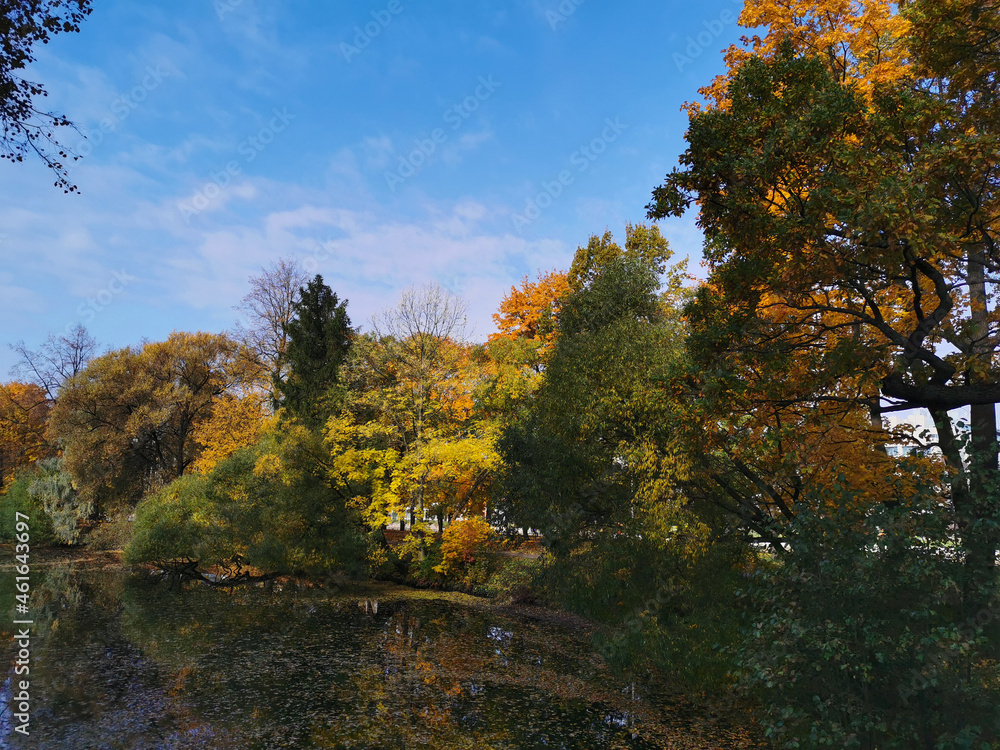 Trees with yellow, green and orange leaves grow around the pond and are reflected in its water.