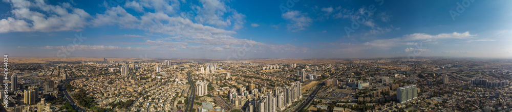 Super wide panorama of city from the sky at big height