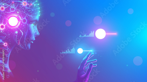AI in image cybernetic anthropomorphic woman working with matrix data on virtual interface. head or face of artificial intelligence with mind looking at information and teaching neural networks. photo
