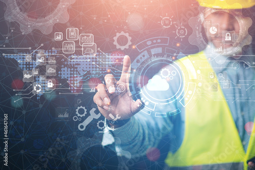 An engineer or businessman showing the cutting edge of innovation in the automated cloud storage industry. data optimization concept
