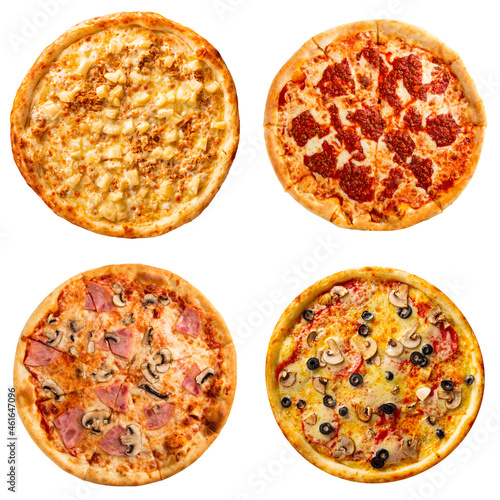 Collage set of four different pizzas for menu isolated on white