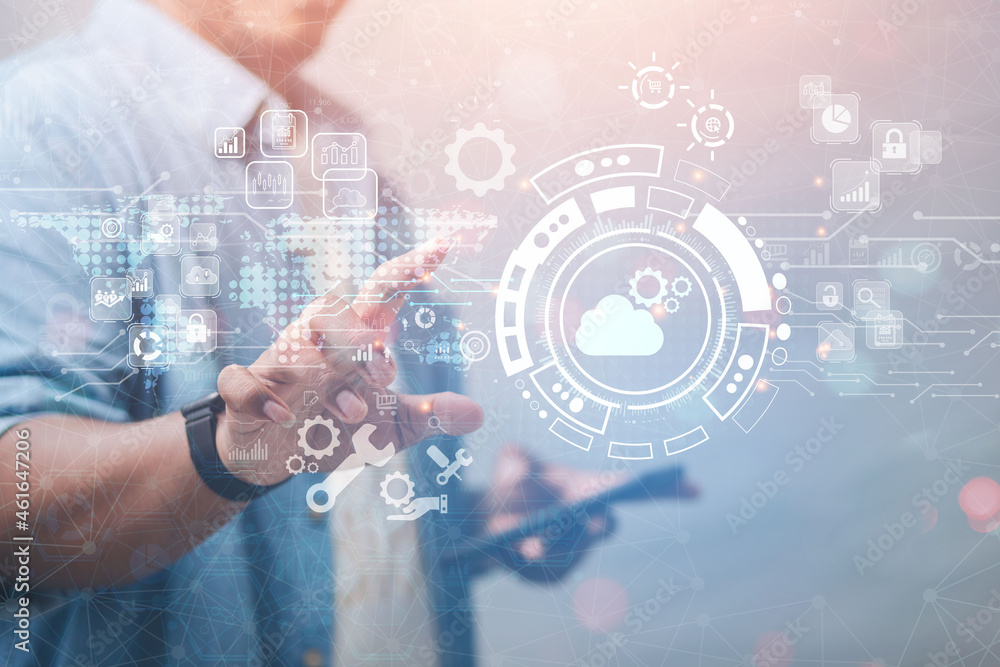 An engineer or businessman who demonstrates cutting-edge innovations in the industry of automated cloud storage via smartphones. data optimization concept
An engineer or businessman who demonstrates cutting-edge innovations in the industry of automated cloud storage via smartphones. data optimization concept