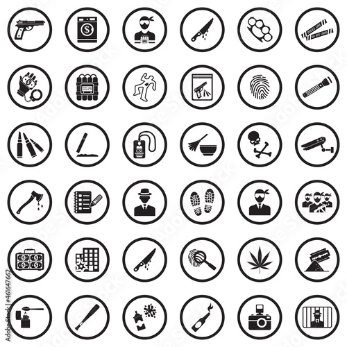 Crime Icons. Black Flat Design In Circle. Vector Illustration.