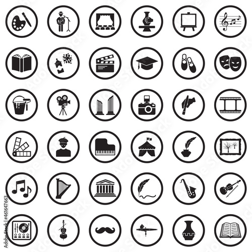 Culture Icons. Black Flat Design In Circle. Vector Illustration.