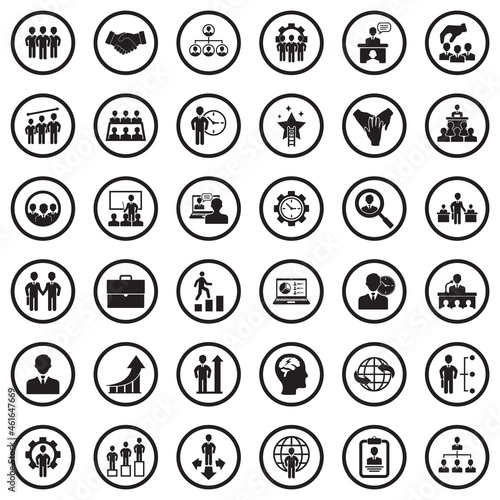 Corporate Business Icons. Black Flat Design In Circle. Vector Illustration.
