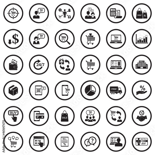 Consumer Behavior Icons. Black Flat Design In Circle. Vector Illustration.
