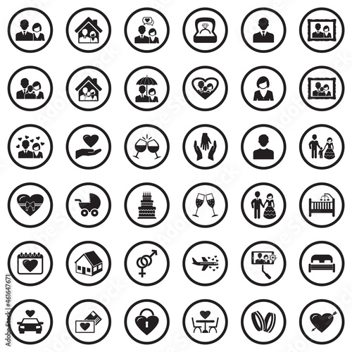 Couple Icons. Black Flat Design In Circle. Vector Illustration.