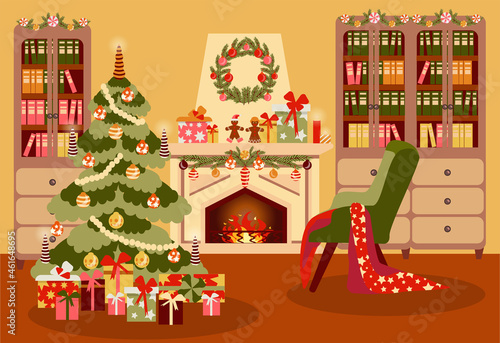 Decorated christmas room. Vector illustration in a flat cartoon style. Winter holiday interior decorations, armchair near fireplace, xmas tree with gifts,new year holidays cozy house, classic bookcase