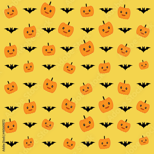 Halloween orange festive seamless pattern. Neatly arranged background of pumpkins and bats.