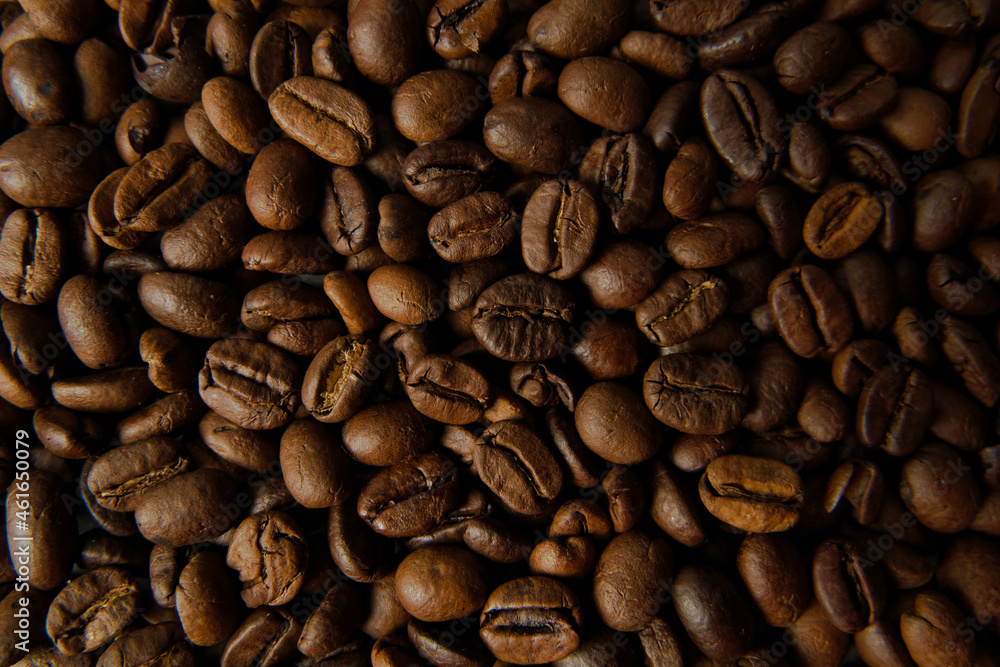 Close up view of a pile coffee beans