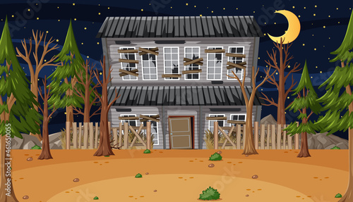 Scene with abandoned house in the dark forest