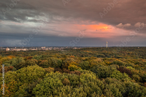 Romantic sunset over the skyline of Duisburg in autumn