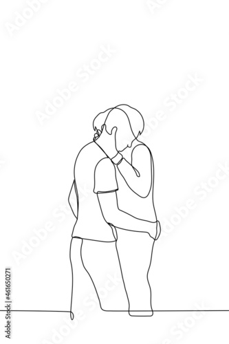men are standing and hugging - one line drawing. friends, brothers or lovers are touching hugs