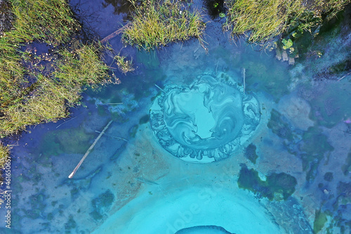 geyser lake altai aerial view from drone, blue lake landscape