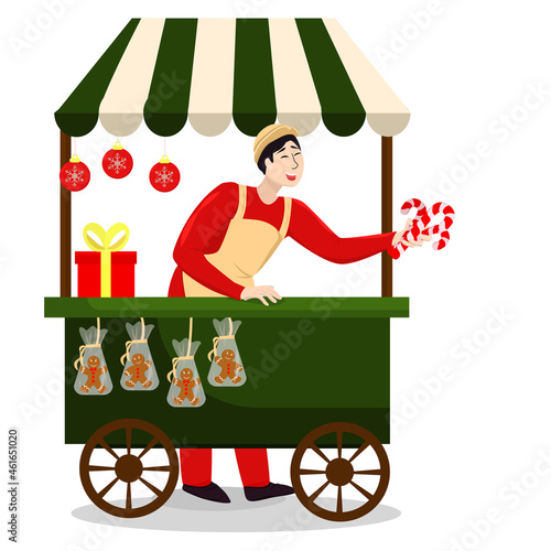 vector illustration of a New Year's stall counter with a seller holding candy canes, isolated on a white background
