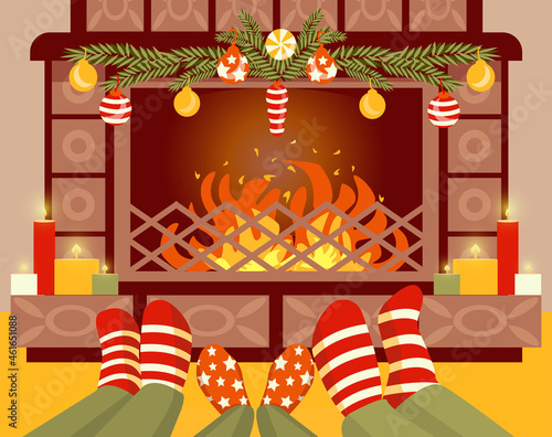 Family in Christmas socks near decorated fireplace. Vector illustration in a flat cartoon style. Mother; father and baby having fun together. cozy rest at home Winter holiday Xmas and New Year concept