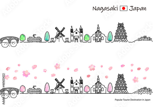 春の長崎県の観光地の街並みシンプル線画セット