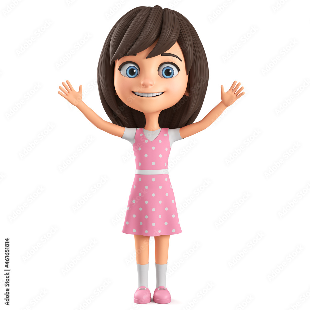 Cartoon character of a little girl in a pink dress with her hands up. 3d render illustration. Cartoon character of a little girl in a pink dress with her hands up. 3d render illustration.