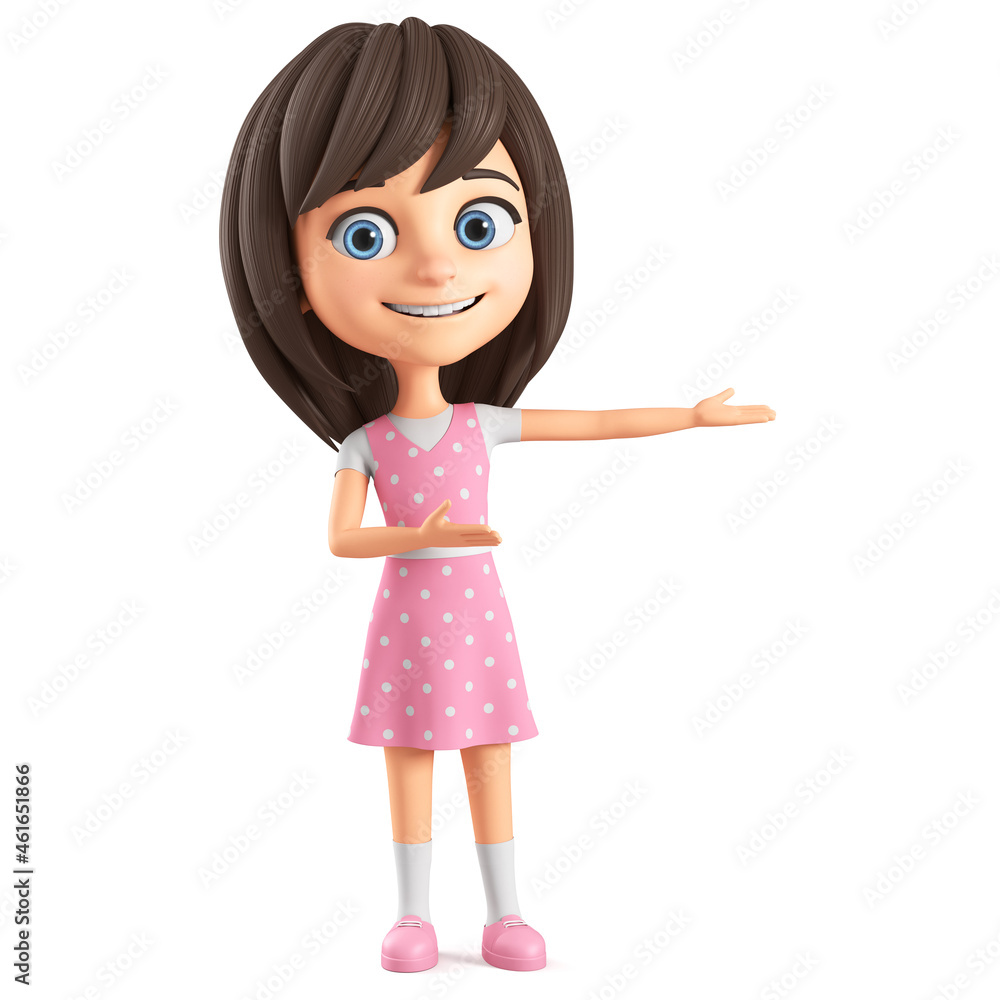 Cartoon character modest little girl in a pink dress points with her hands to an empty space. 3d render illustration. Cartoon character modest little girl in a pink dress points with her hands to an empty space. 3d render illustration.