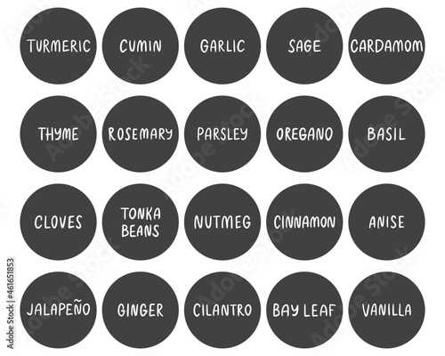 Spices and herbs tags. Flat hand written labels for spice jars at the kitchen. Cute culinary design elements for kitchen, menu, recipes. Pepper, anise, ginger, basil, cumin and others.