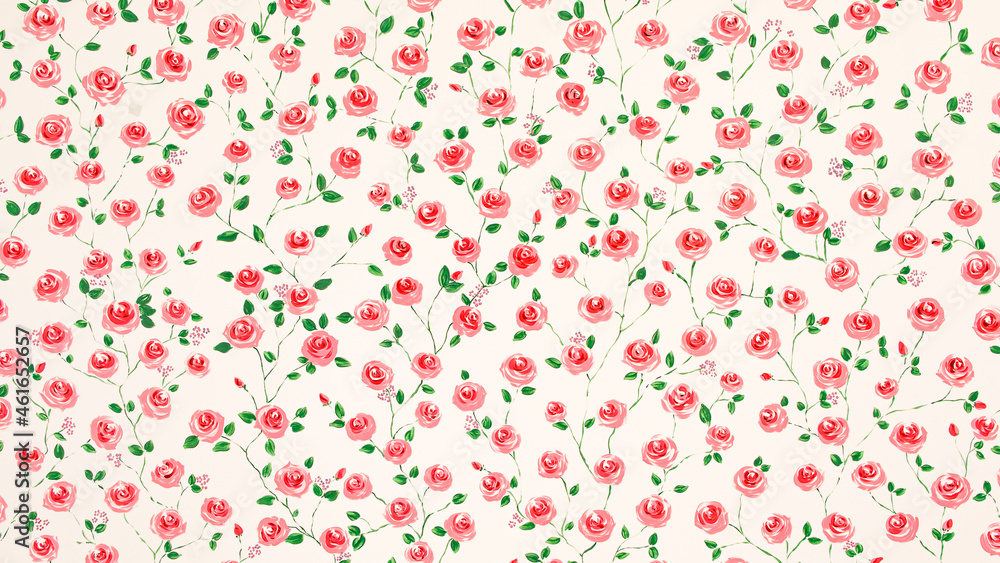 Beautiful bright contrast colorful pink and red roses blossom bloom and green leaves on branches pattern, classic design decorative art style texture on wall background, High resolution wallpaper Beautiful bright contrast colorful pink and red roses blossom bloom and green leaves on branches pattern, classic design decorative art style texture on wall background, High resolution wallpaper