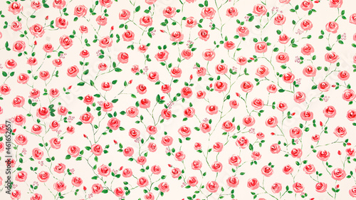 Beautiful bright contrast colorful pink and red roses blossom bloom and green leaves on branches pattern, classic design decorative art style texture on wall background, High resolution wallpaper